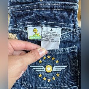 Vintage  Sesame Street 2T Denim Overalls Big Bird Tag Plane Embroidery Piolt